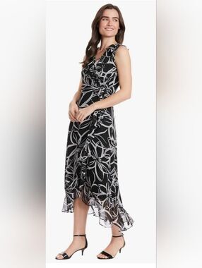 London Times Sleeveless Black & White Floral Wrap Midi Dress 16